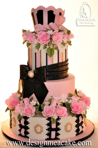 Pink and black quinceañera cake.